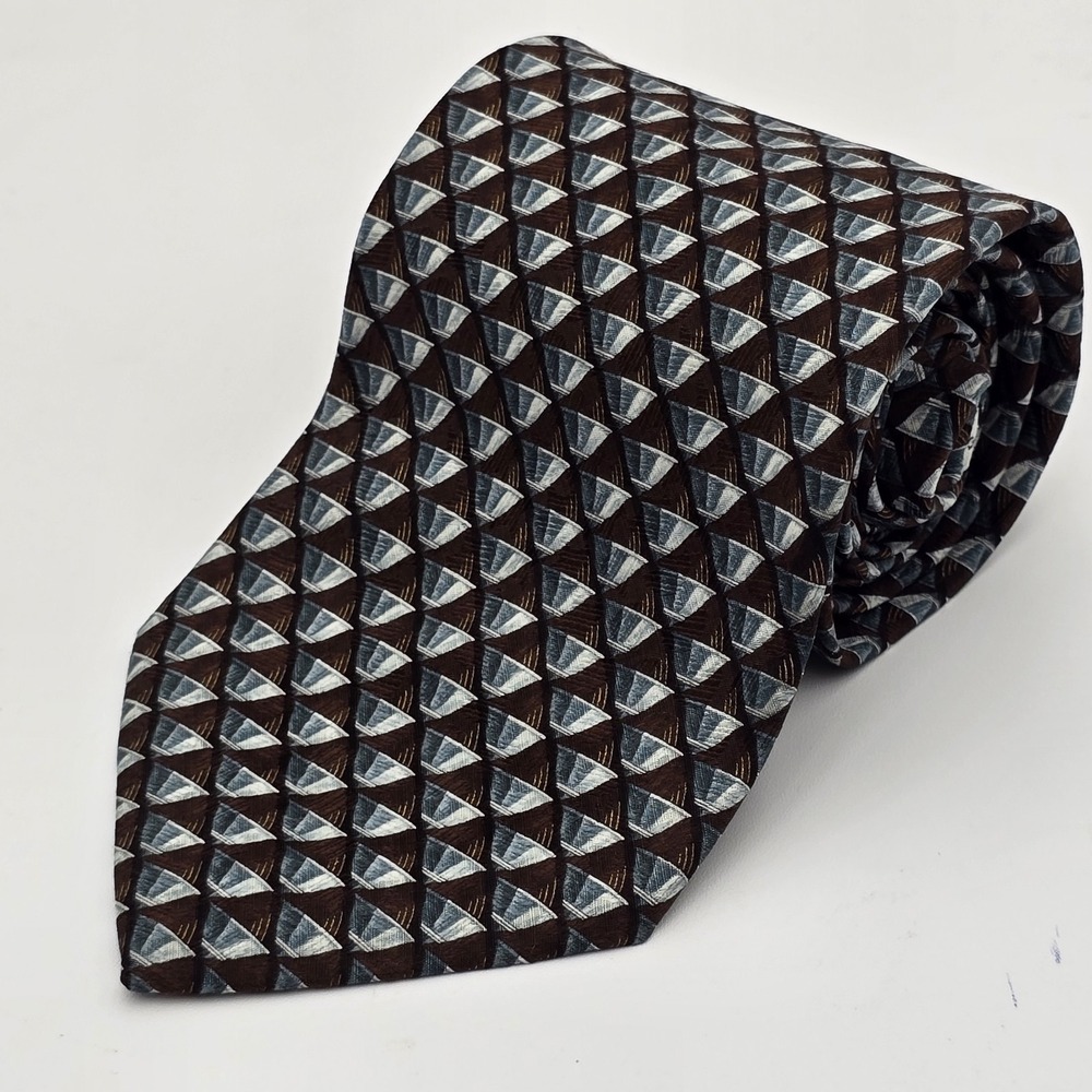 Ermenegildo Zegna 100% Silk Tie 59.75" x 3.75"‎ Brown Blue Geometric  Italy
